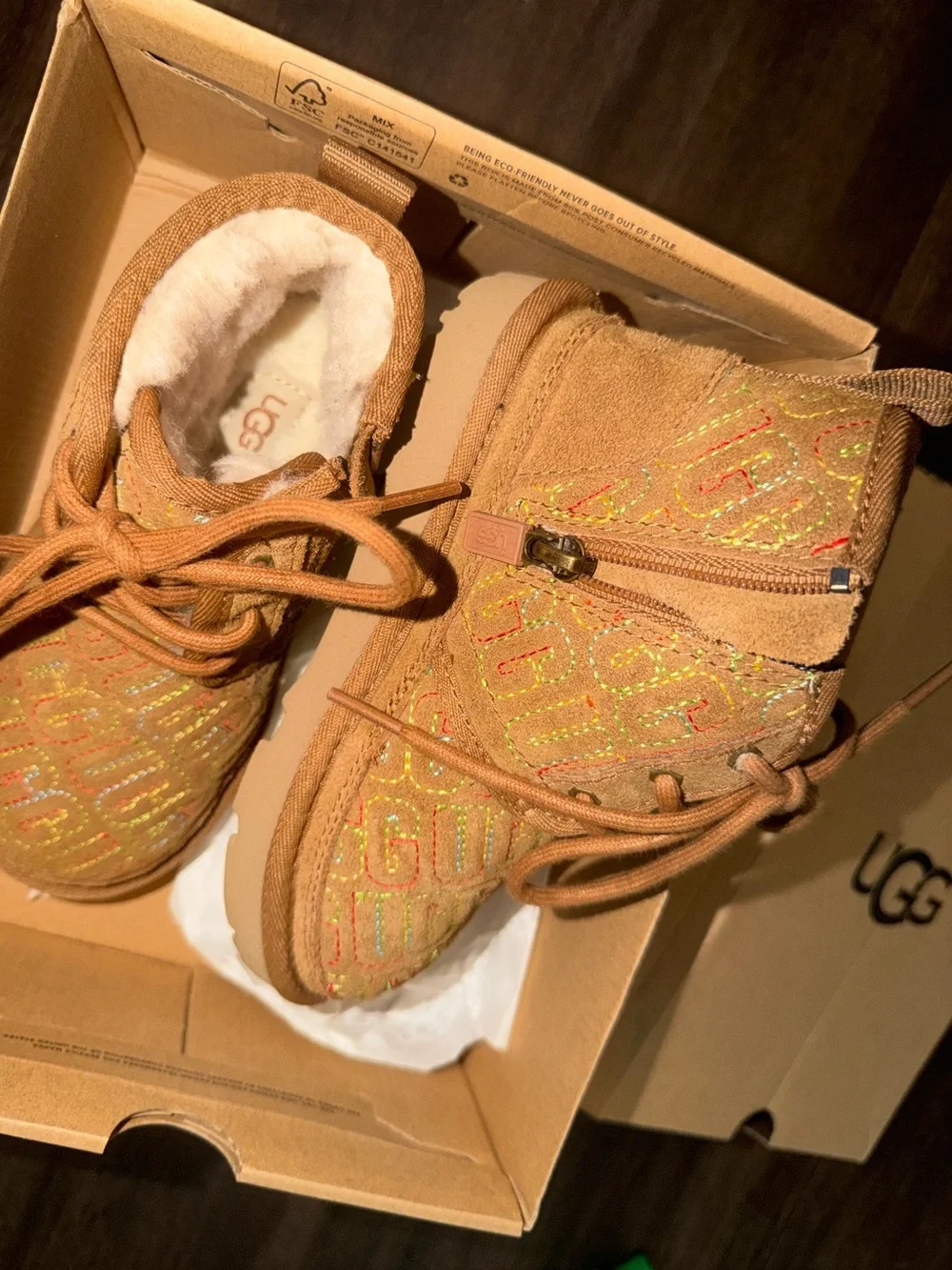 UGG Kids Chestnut Embroidered Lace-Up Shearling Boots (Gender Neutral)